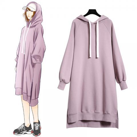 過膝中長款衛(wèi)衣連衣裙女2019秋冬裝新款韓版開叉寬松長袖連帽加絨