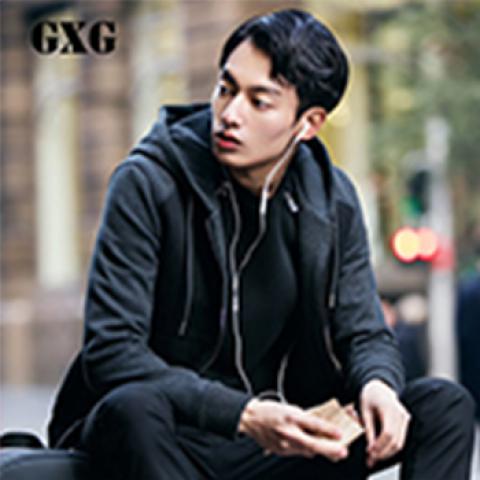GXG男裝 秋季新品韓版修身灰色休閑長袖衛(wèi)衣男連帽外套